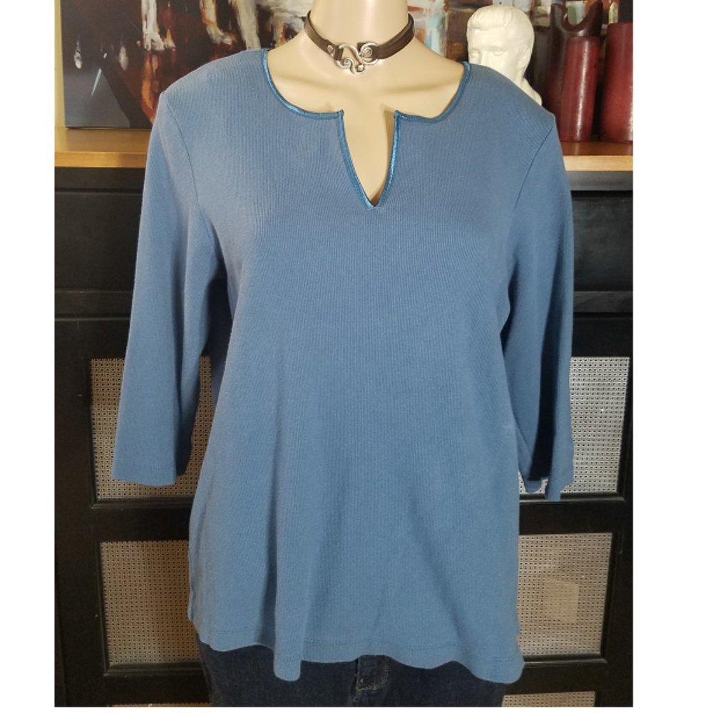 Blue Knit Top With Satin Trim